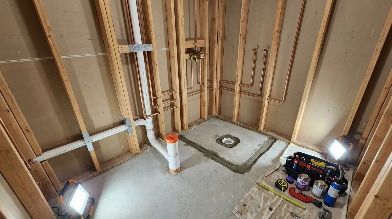 Bathroom rough-in plumbing during remodel by Johns Plumbing LLC in Elmhurst