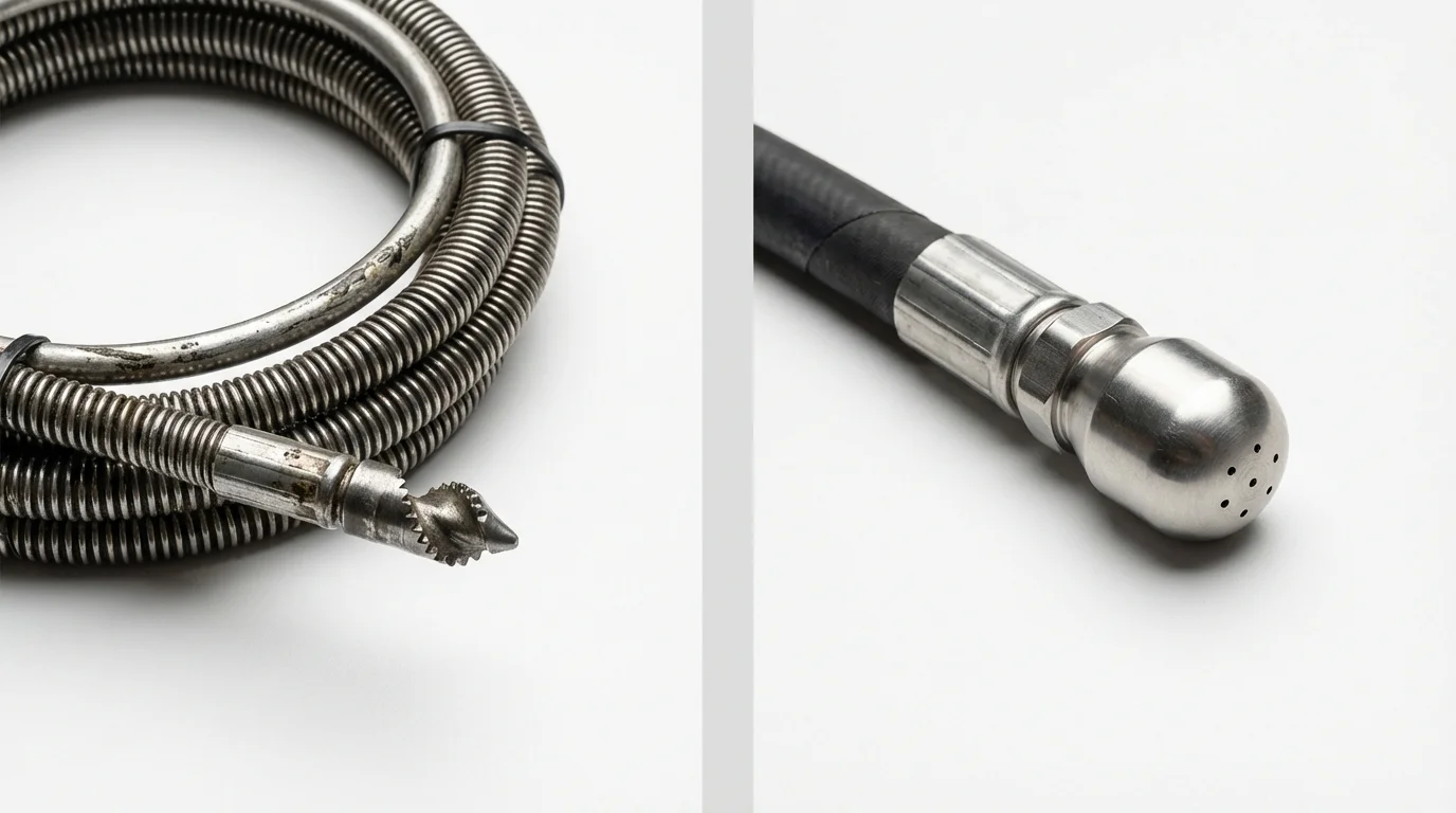 Drain snake cable and hydro jetting nozzle used for drain cleaning in Elmhurst, NY