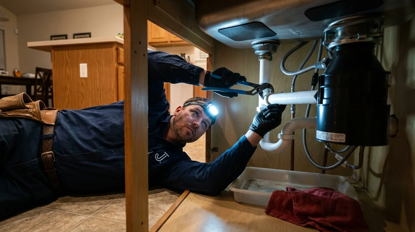 P-trap and supply line connections under a kitchen sink showing a common leak point in Elmhurst, NY